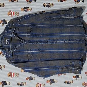 Vintage Wrangler Denim Checkered Black/Blue Pearl Snap Button Shirt X Long Tail